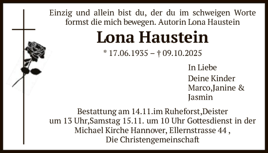 Traueranzeige von Lona Haustein von FNP