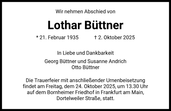 Traueranzeige von Lothar Büttner von FNP