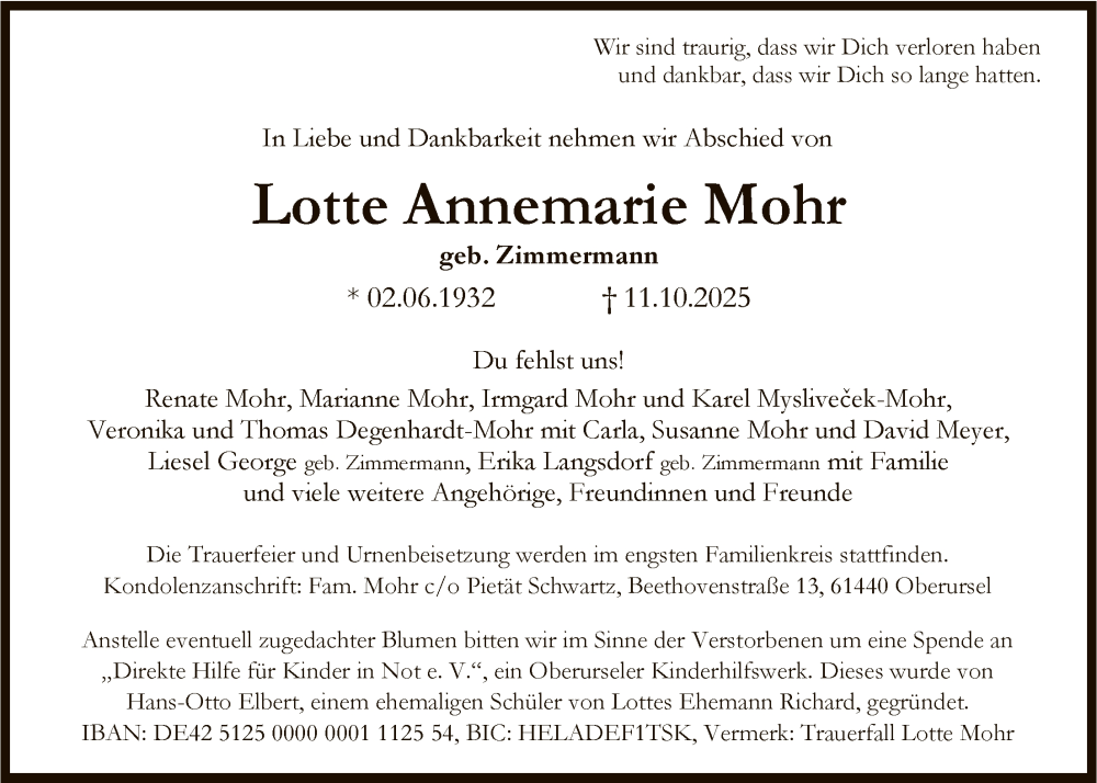  Traueranzeige für Lotte Annemarie Mohr vom 25.10.2025 aus FNP