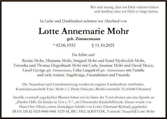 Traueranzeige von Lotte Annemarie Mohr von FNP