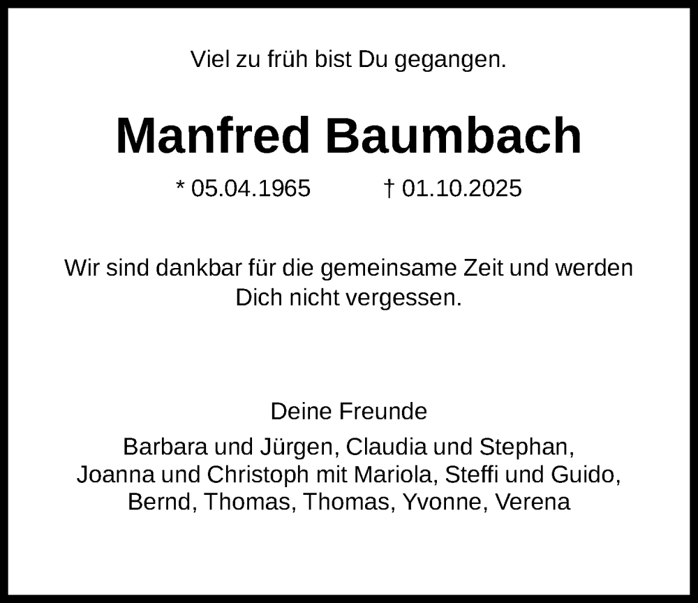  Traueranzeige für Manfred Baumbach vom 24.10.2025 aus FNP