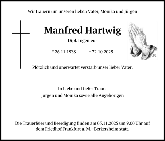 Traueranzeige von Manfred Hartwig von FNP