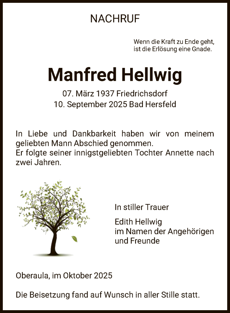  Traueranzeige für Manfred Hellwig vom 04.10.2025 aus FNP
