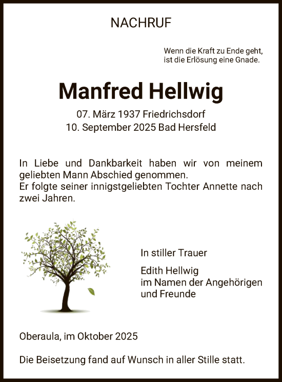 Traueranzeige von Manfred Hellwig von FNP