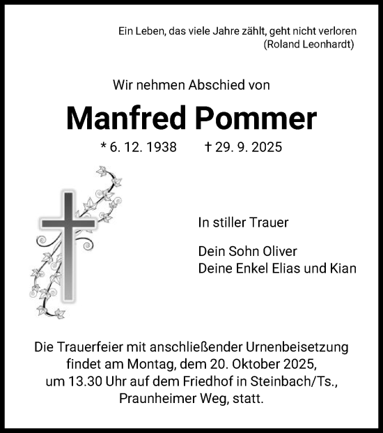 Traueranzeige von Manfred Pommer von FNP