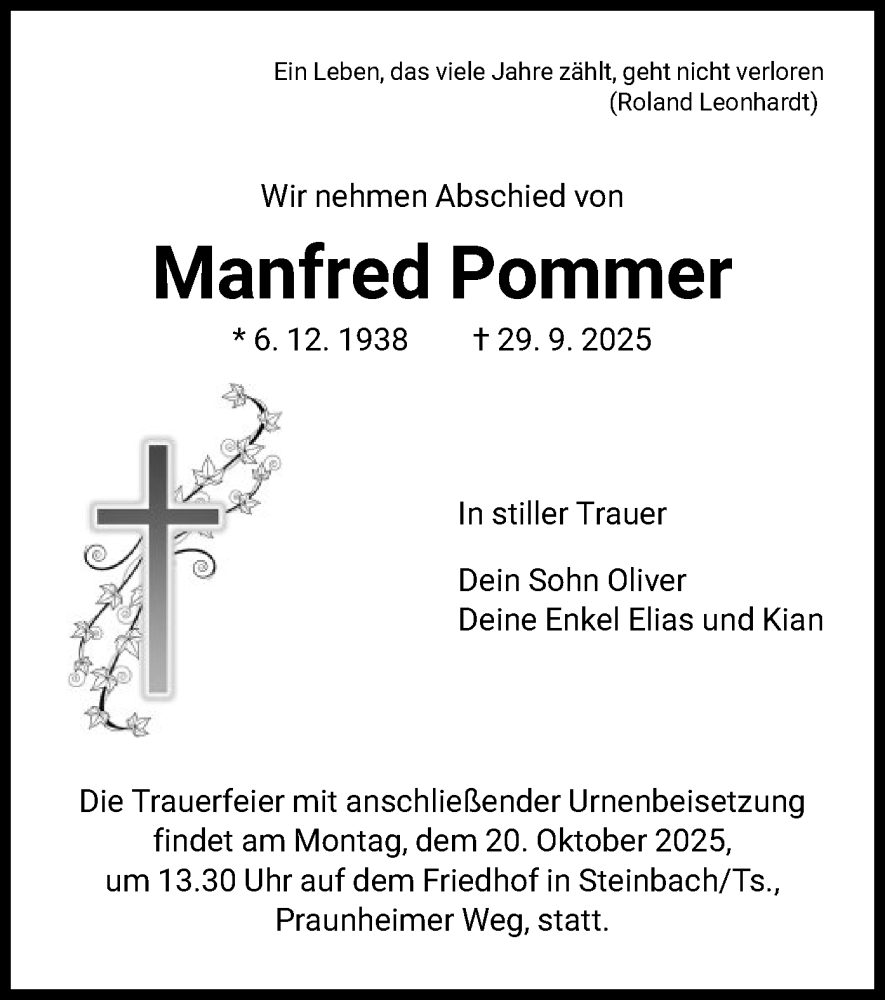  Traueranzeige für Manfred Pommer vom 11.10.2025 aus FNP