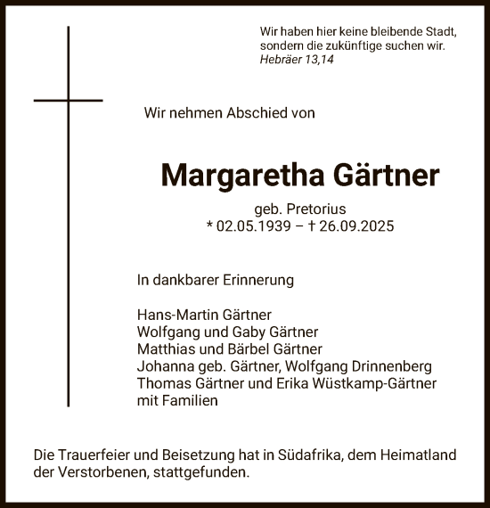 Traueranzeige von Margaretha Gärtner von FNP