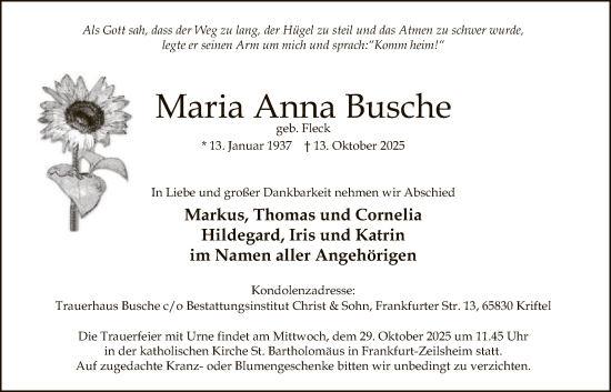 Traueranzeige von Maria Anna Busche von FNP
