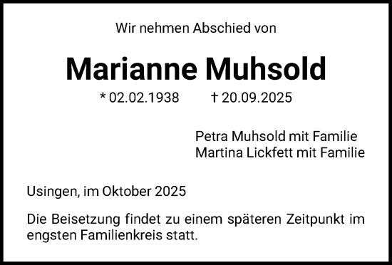 Traueranzeige von Marianne Muhsold von FNP