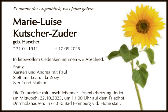 Traueranzeige von Marie-Luise Kutscher-Zuder von FNP