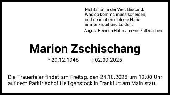 Traueranzeige von Marion Zschischang von FNP