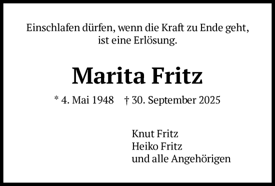 Traueranzeige von Marita Fritz von FNP