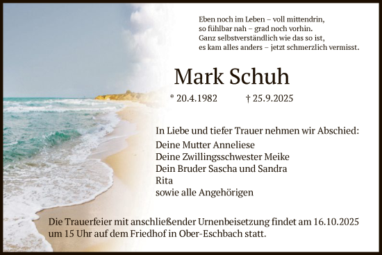 Traueranzeige von Mark Schuh von FNP