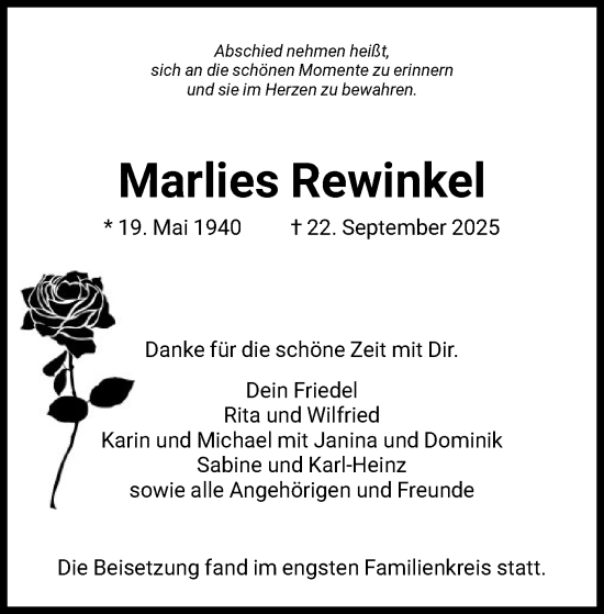 Traueranzeige von Marlies Rewinkel von FNP