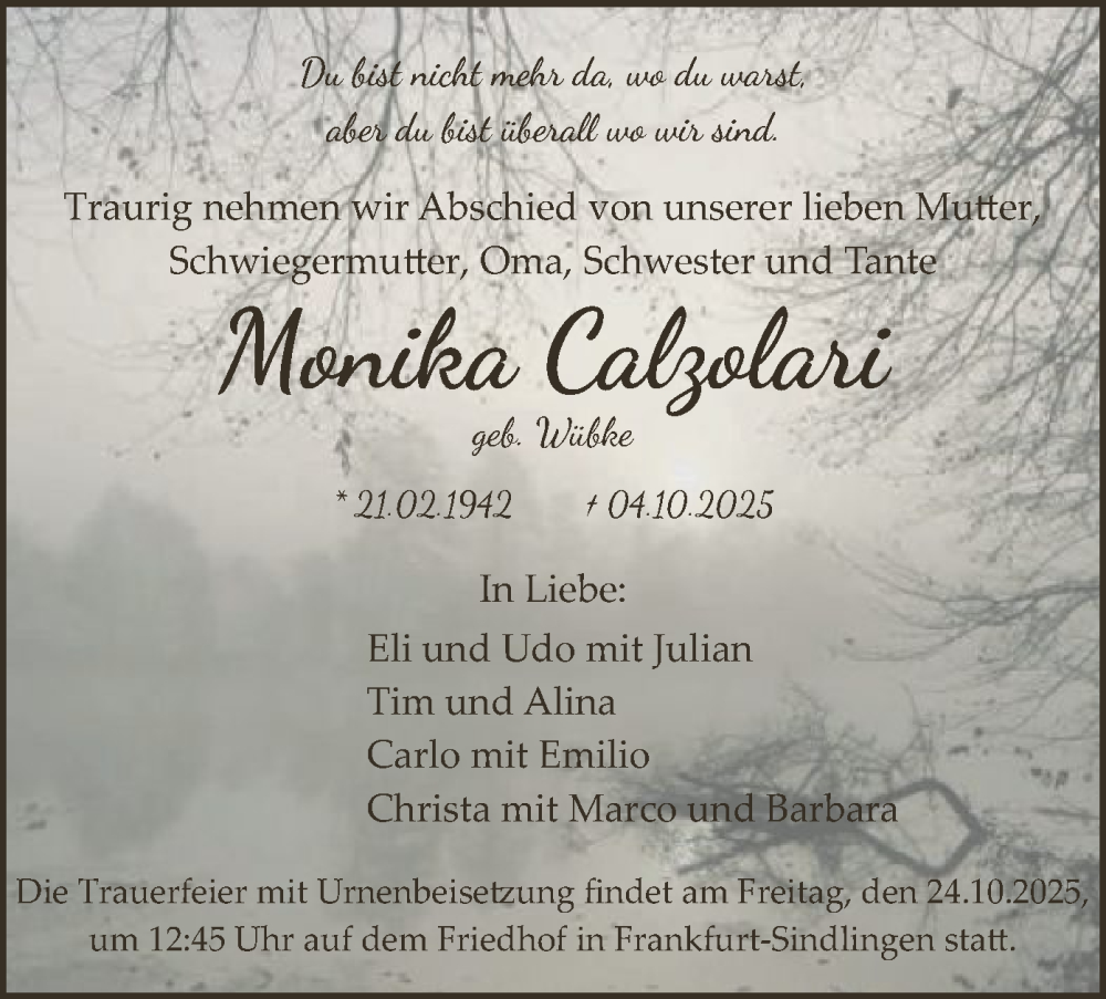  Traueranzeige für Monika Calzolari vom 11.10.2025 aus FNP