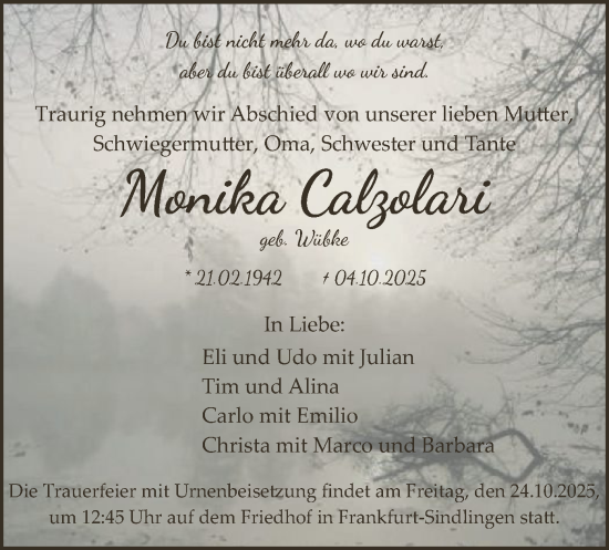Traueranzeige von Monika Calzolari von FNP