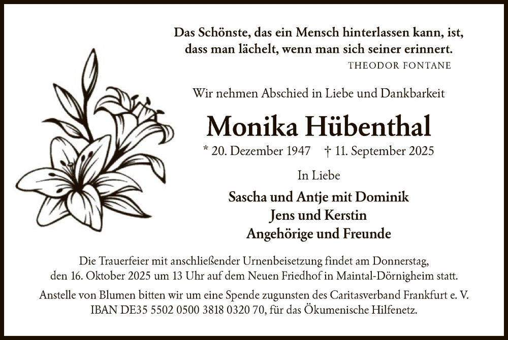  Traueranzeige für Monika Hübenthal vom 04.10.2025 aus FNP