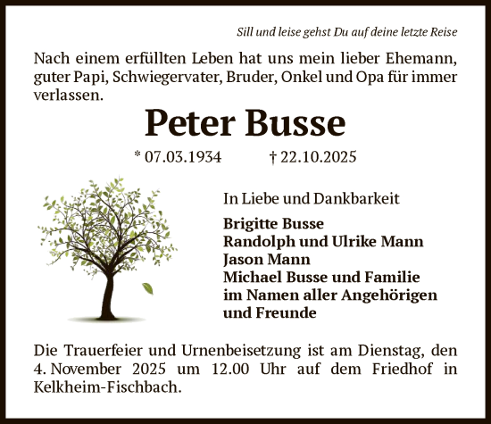 Traueranzeige von Peter Busse von FNP