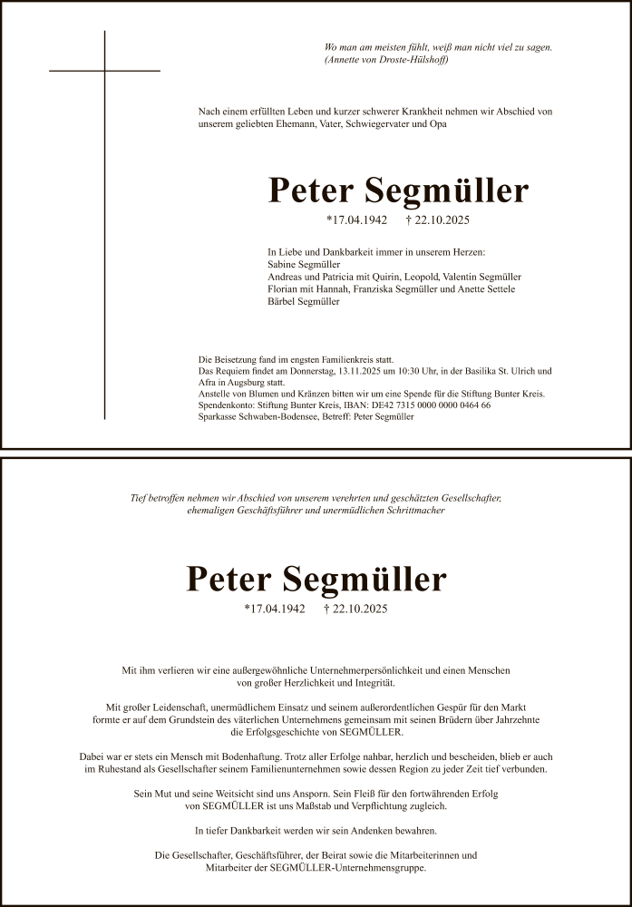  Traueranzeige für Peter Segmüller vom 01.11.2025 aus FNP