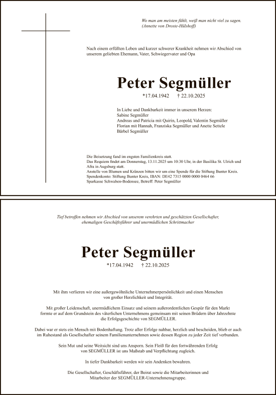 Traueranzeige von Peter Segmüller von FNP
