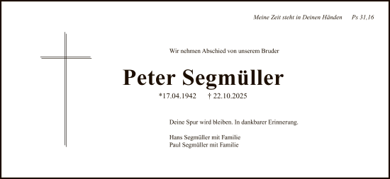 Traueranzeige von Peter Segmüller von FNPFNP