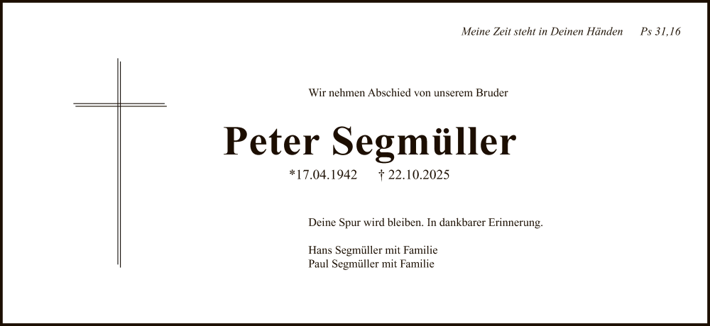 Traueranzeige für Peter Segmüller vom 31.10.2025 aus FNPFNP