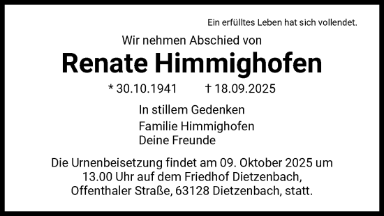 Traueranzeige von Renate Himmighofen von FNP
