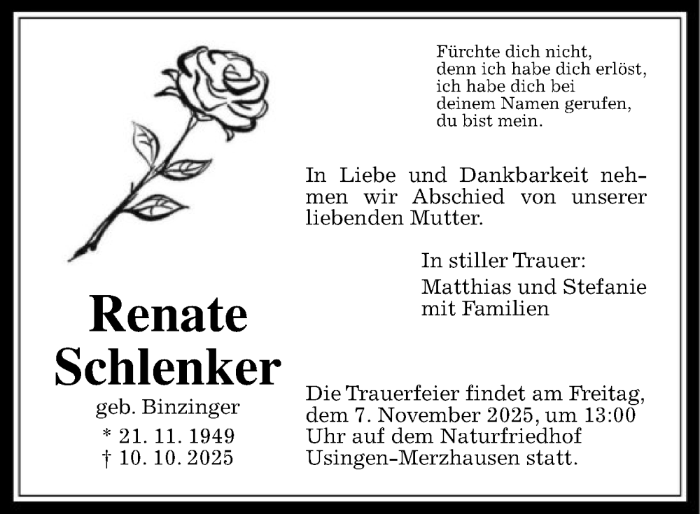  Traueranzeige für Renate Schlenker vom 01.11.2025 aus FNP