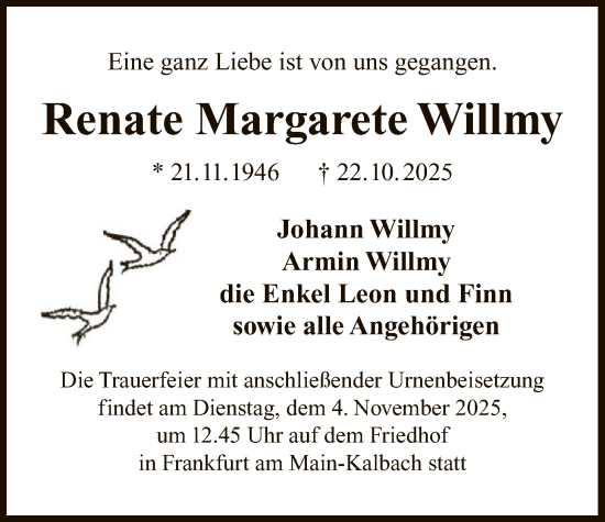 Traueranzeige von Renate Margarete Willmy von FNP