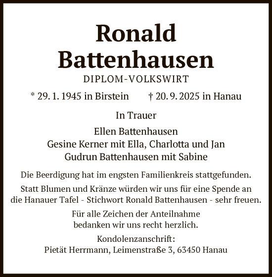 Traueranzeige von Ronald Battenhausen von FNP