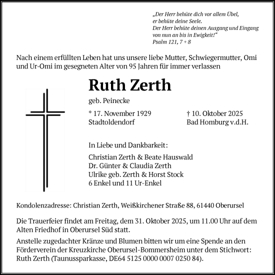 Traueranzeige von Ruth Zerth von FNP