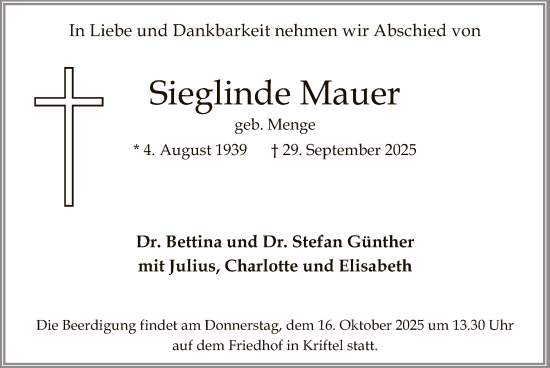 Traueranzeige von Sieglinde Mauer von FNP