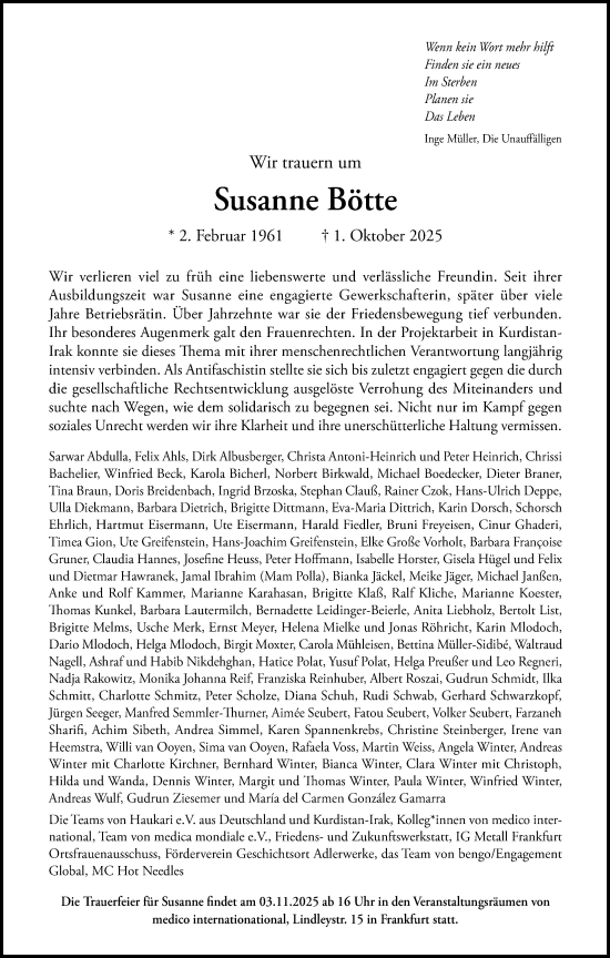 Traueranzeige von Susanne Bötte von FNP