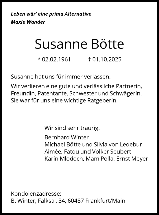 Traueranzeige von Susanne Bötte von FNP