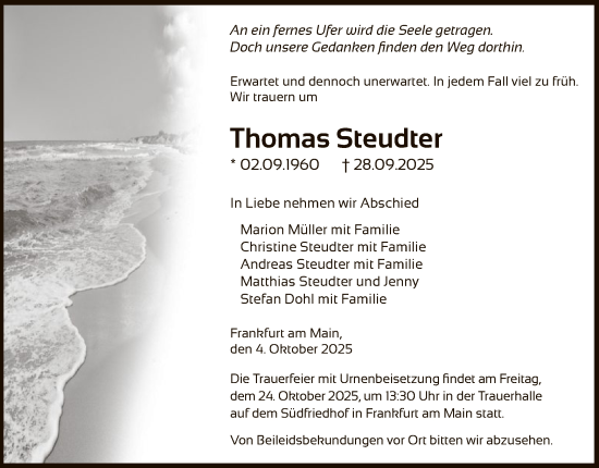 Traueranzeige von Thomas Steudter von FNP