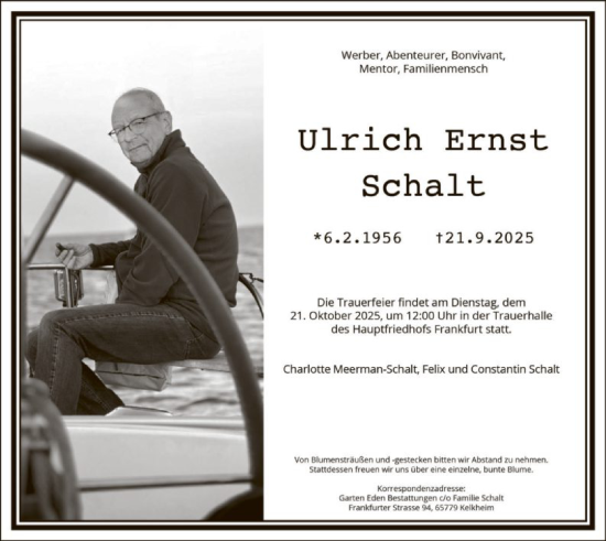 Traueranzeige von Ulrich Ernst Schalt von FNP