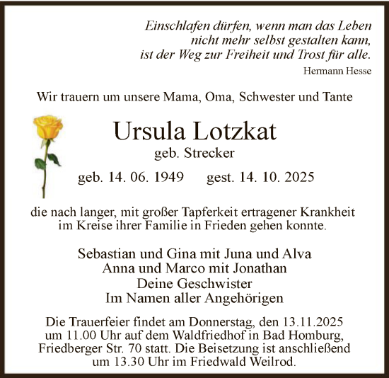 Traueranzeige von Ursula Lotzkat von FNP