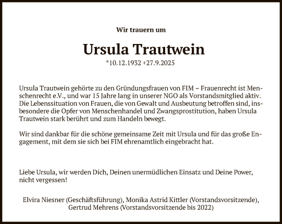 Traueranzeige von Ursula Trautwein von FNP