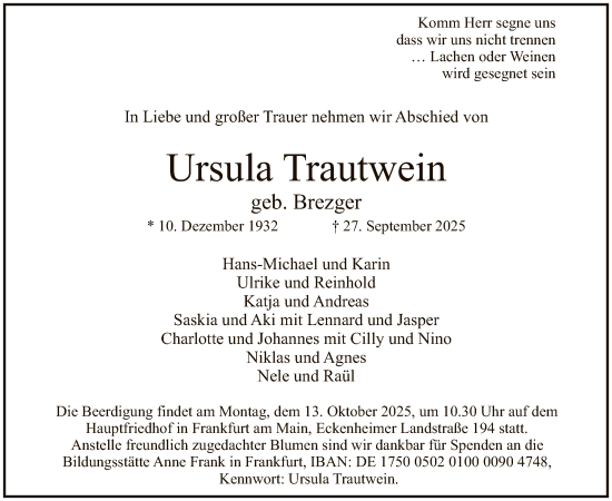 Traueranzeige von Ursula Trautwein von FNP