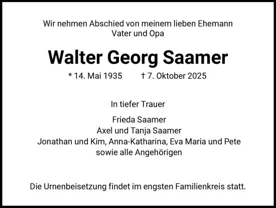 Traueranzeige von Walter Georg Saamer von FNP