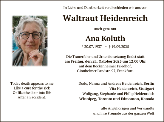 Traueranzeige von Waltraut Heidenreich von FNP
