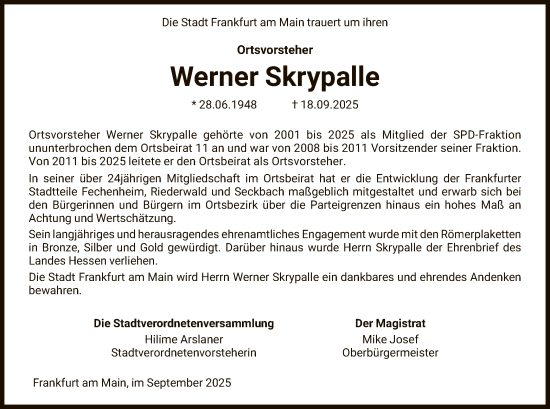 Traueranzeige von Werner Skrypalle von FNP