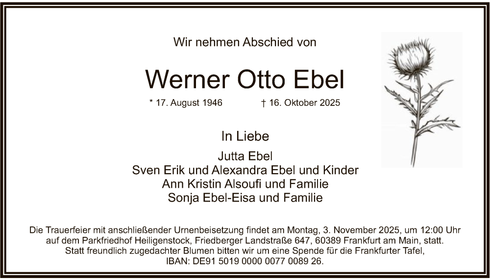  Traueranzeige für Werner Otto Ebel vom 25.10.2025 aus FNP