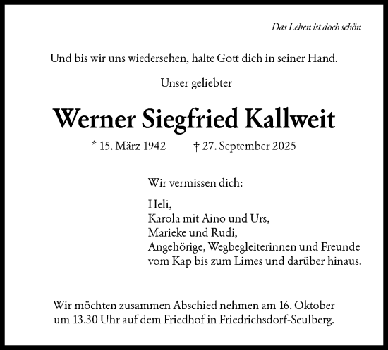 Traueranzeige von Werner Siegfried Kallweit von FNP