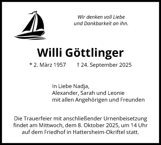 Traueranzeige von Willi Göttlinger von FNP
