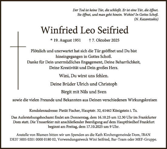 Traueranzeige von Winfried Leo Seifried von FNP