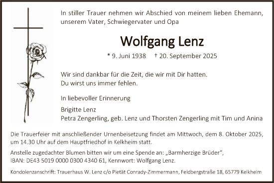 Traueranzeige von Wolfgang Lenz von FNP