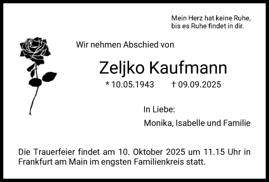 Traueranzeige von Zeljko Kaufmann von FNP