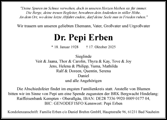 Traueranzeige von Dr. Pepi Erben 