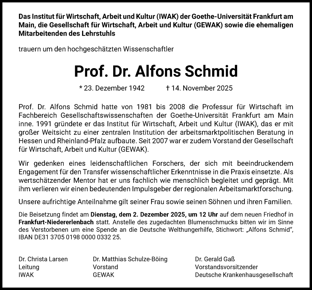  Traueranzeige für Alfons Schmid vom 29.11.2025 aus FNP